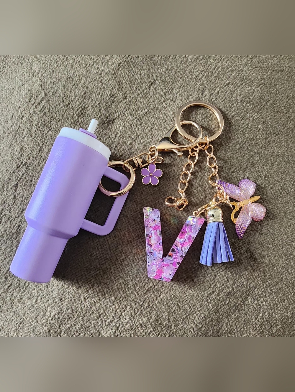 Keyholder Purple Initial V Keychain Charm with Tassel and Flower